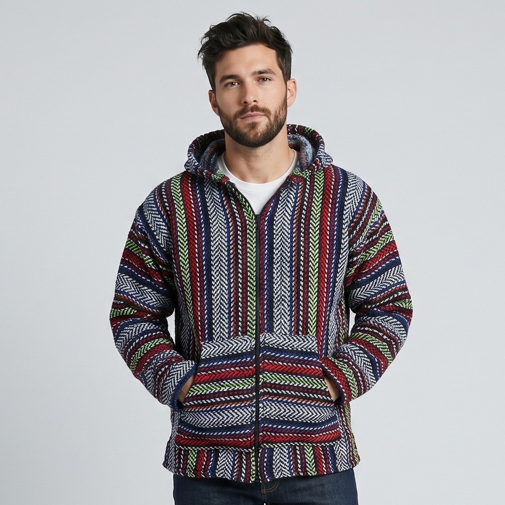 Baja Joe Mens XXXL Multicolor Hoodie Baja Poncho Full Zip Striped Mexican Jerga